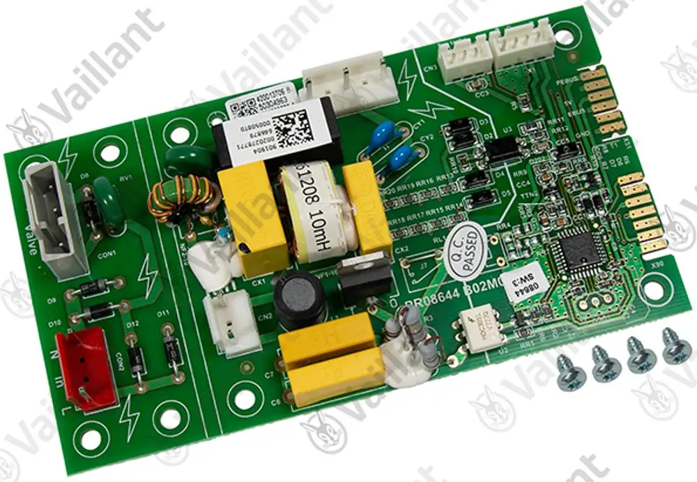 Leiterplatte von Vaillant mit verschiedenen elektrischen Komponenten, Anschlüssen und einem Mikrochip. Geeignet für den Einsatz in Heizsystemen.